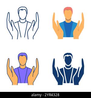Care and support icon set in flat and line style. Caring hands and human silhouette. Vector illustration. Stock Vector