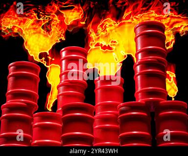 Red barrels in front of burning continents of the world Stock Photo
