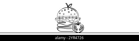 One continuous line illustration of a hamburger, isolated on white background. Line art of hamburger Stock Vector