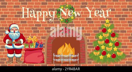 Santa Claus with gift sack, decorated Christmas tree, and lit fireplace on a brick wall background. Happy New Year text with wreath and poinsettia. Ho Stock Vector