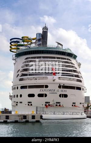 Miami, Florida, USA - 1 December 2023: Cruise ship Explorer of the Seas docked in the Port of Miami. The ship is operated by RCI Royal Caribbean Stock Photo