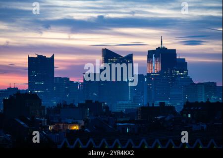 High angle view over a colorful sunrise of the business district of Brussels Capital Region, Belgium,  OCT 26, 2024 Stock Photo
