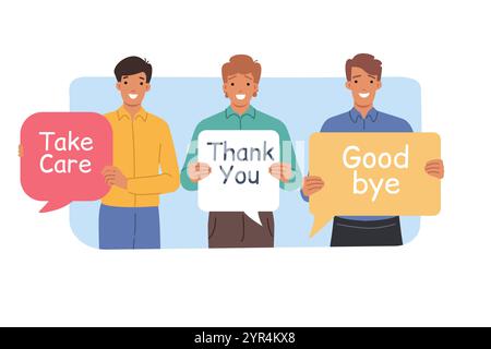Kind men show gratitude and say goodbye, holding speech bubbles with positive inscriptions Stock Vector