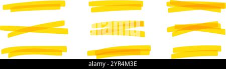 Yellow marker strokes set with brush texture for highlighting text. Doodle underline or box elements. Flat vector illustration isolated on white backg Stock Vector