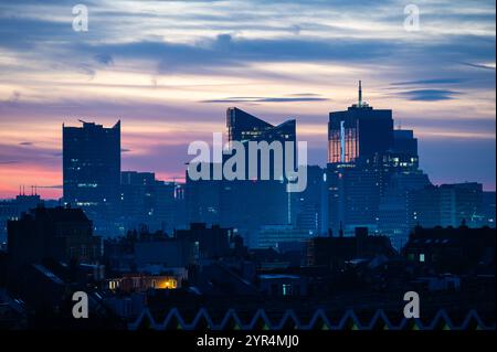 High angle view over a colorful sunrise of the business district of Brussels Capital Region, Belgium, OCT 26, 2024 Stock Photo