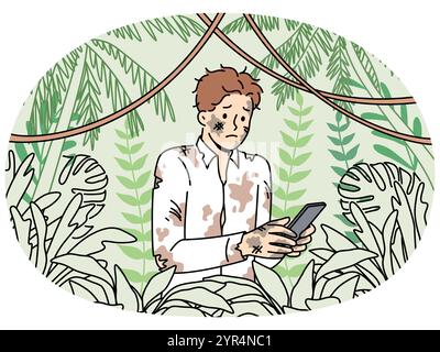 Dirty lost man office employee holding mobile phone and standing in jungle trying to send sos signal. Lost businessman suffers due to lack of GPS network in forest and feels helpless in wild Stock Vector
