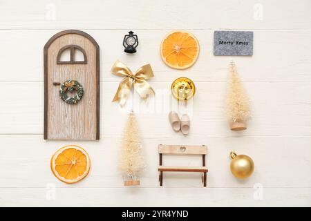 Many Christmas symbols on white wooden background Stock Photo