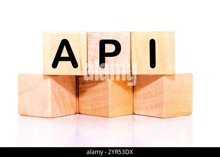 API abbreviation, modern technology concept. API on wooden cubes on a white background. Stock Photo