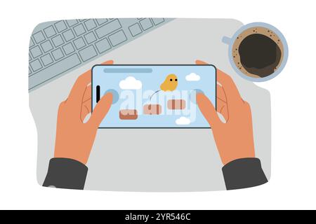 Mobile phone with video game in hands of person using time killer to take break from work Stock Vector