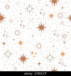 Trendy seamless pattern with linear stars and sparks in a minimalistic style. Boho mystical esoteric. Vector illustration. Pink background for design, Stock Vector