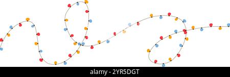 Fairy light garland doodle bulbs on string. Decorative Christmas element for tree and holiday themes. Flat vector illustration isolated on white backg Stock Vector