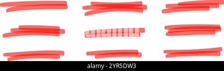 Red marker strokes set with brush texture for highlighting text. Doodle underline or box elements. Flat vector illustration isolated on white backgrou Stock Vector