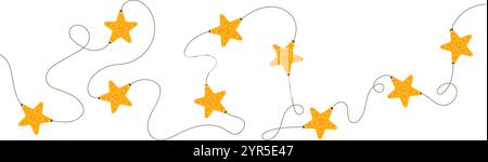 stars Light garland with line art and sketch. Decorative string design for Christmas and party themes. Flat vector illustration isolated on white back Stock Vector