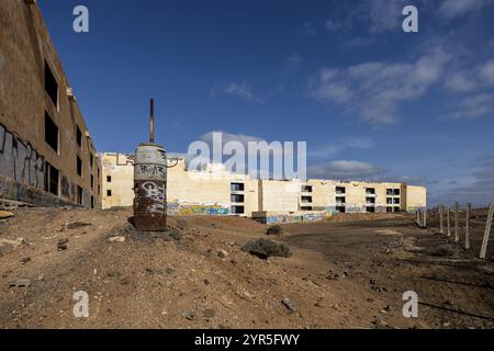 Lost Place, Wide, abandoned building with graffiti in front of a clear sky, atmosphere of loneliness, Canary Islands, Lanzarote, Spain, Europe Stock Photo