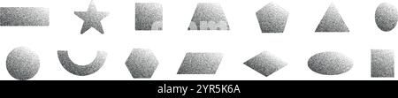 Abstract shapes with gradient and grainy noise texture. Grunge graphic forms, oval,triangle,square. Flat vector illustration isolated on white backgro Stock Vector