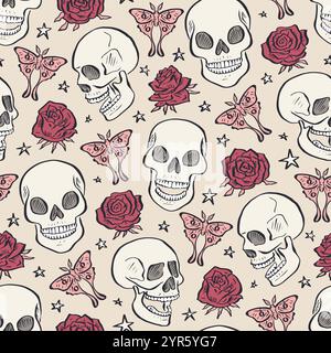 Seamless pattern with hand drawn inky floral skulls surrounded by luna moths and roses Stock Vector