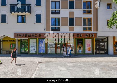 Exterior of a large pharmacy in the mountain town in summer, Chamonix, Haute Savoie, Auvergne Rhone Alpes, France Stock Photo