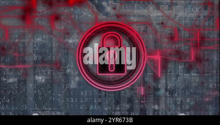 Image of red padlock icon over networks and processing data Stock Photo