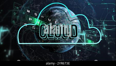 Image of cloud text over globe and financial data processing Stock Photo