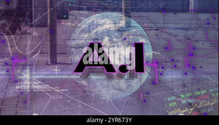 Image of ai text, globe with binary coding and data processing over city Stock Photo