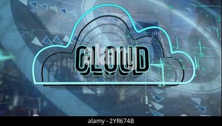 Image of cloud text over globe and financial data processing Stock Photo