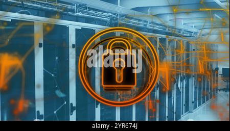 Image of padlock icon and communication networks over server room Stock Photo