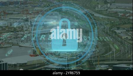 Image of padlock icon over network and data processing over cityscape Stock Photo