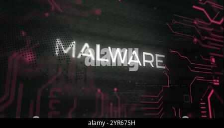 Image of malware text over globe and processing data on black interface screen Stock Photo