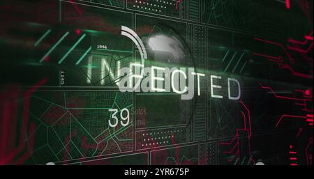 Image of infected text over globe and processing data on black interface screen Stock Photo