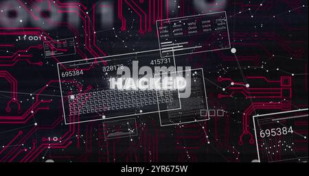 Image of hacked text over processing data on interface screens over night sky Stock Photo