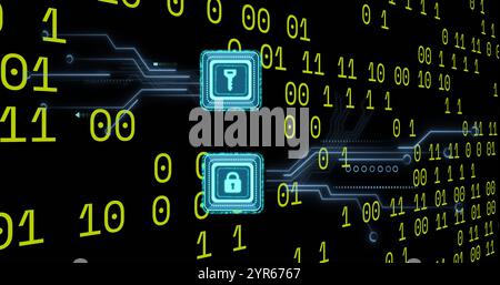 Image of key, padlock icons, binary coding over circuit board on black background Stock Photo