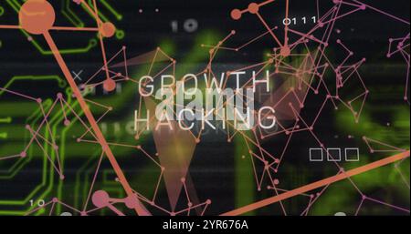 Image of growth hacking text over communication network and motherboard on black Stock Photo