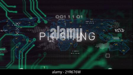 Image of phishing text over motherboard, interface screens and processing data on black Stock Photo