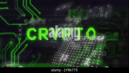 Image of crypto text over motherboard network and binary data processing on black Stock Photo