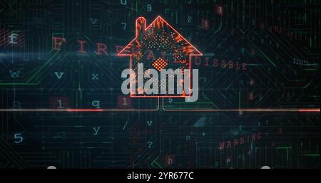 Image of intelligent home and data processing over virus warning text Stock Photo