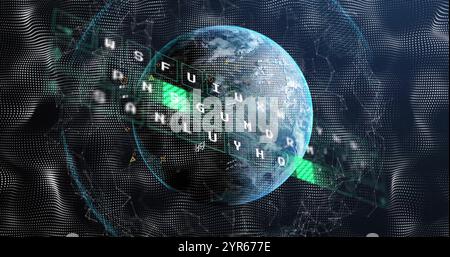 Image of text over globe and financial data processing Stock Photo
