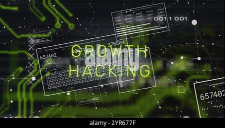 Image of growth hacking text and data processing over network of connections on black background Stock Photo