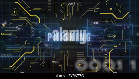 Image of phishing text over motherboard, interface screens and processing data on black Stock Photo