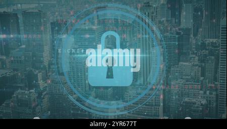Image of padlock icon over network and data processing over cityscape Stock Photo