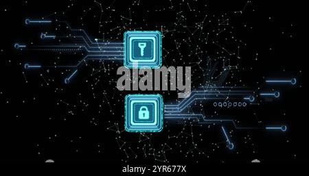 Image of key, padlock icons, data processing over circuit board on black background Stock Photo