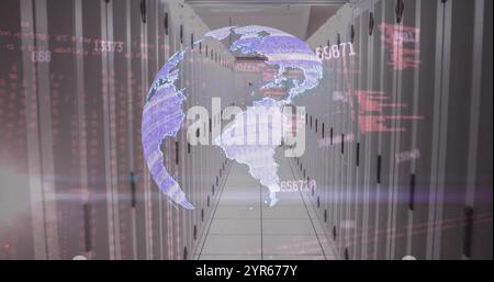 Image of rotating globe and processing data over server room Stock Photo
