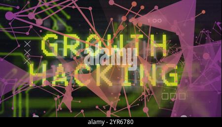 Image of growth hacking text over communication network and motherboard on black Stock Photo