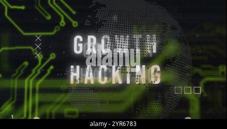 Image of growth hacking text over motherboard and processing data on black Stock Photo