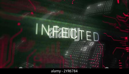 Image of infected text over scanner and processing data on black interface screen Stock Photo
