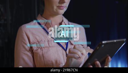 Image of ai text, scanner and dialogue boxes over caucasian female technician in server room Stock Photo