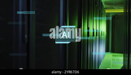 Image of ai text on processing scanner with interface dialogue boxes over dark server room Stock Photo
