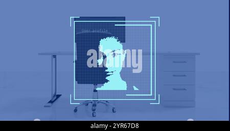 Image of data processing with portraits over desk with computer on blue background Stock Photo