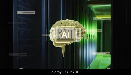 Image of ai text, scanner, rotating brain and dialogue boxes over dark server room Stock Photo
