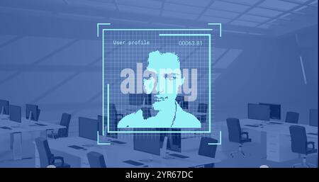 Image of data processing with portraits over desks with computers on blue background Stock Photo