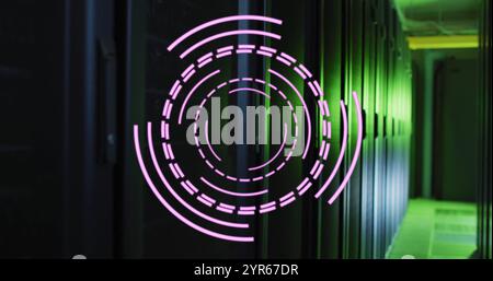 Image of rotating pink circular scanner processing over dark server room Stock Photo